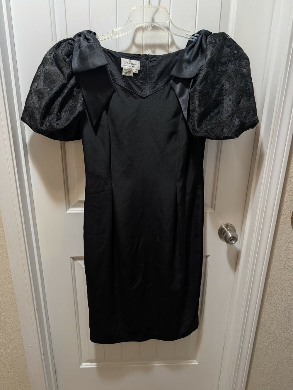 Vintage 1980s Black Cocktail Party Bodice Dress Satin Bow Puff Sleeves Size 10